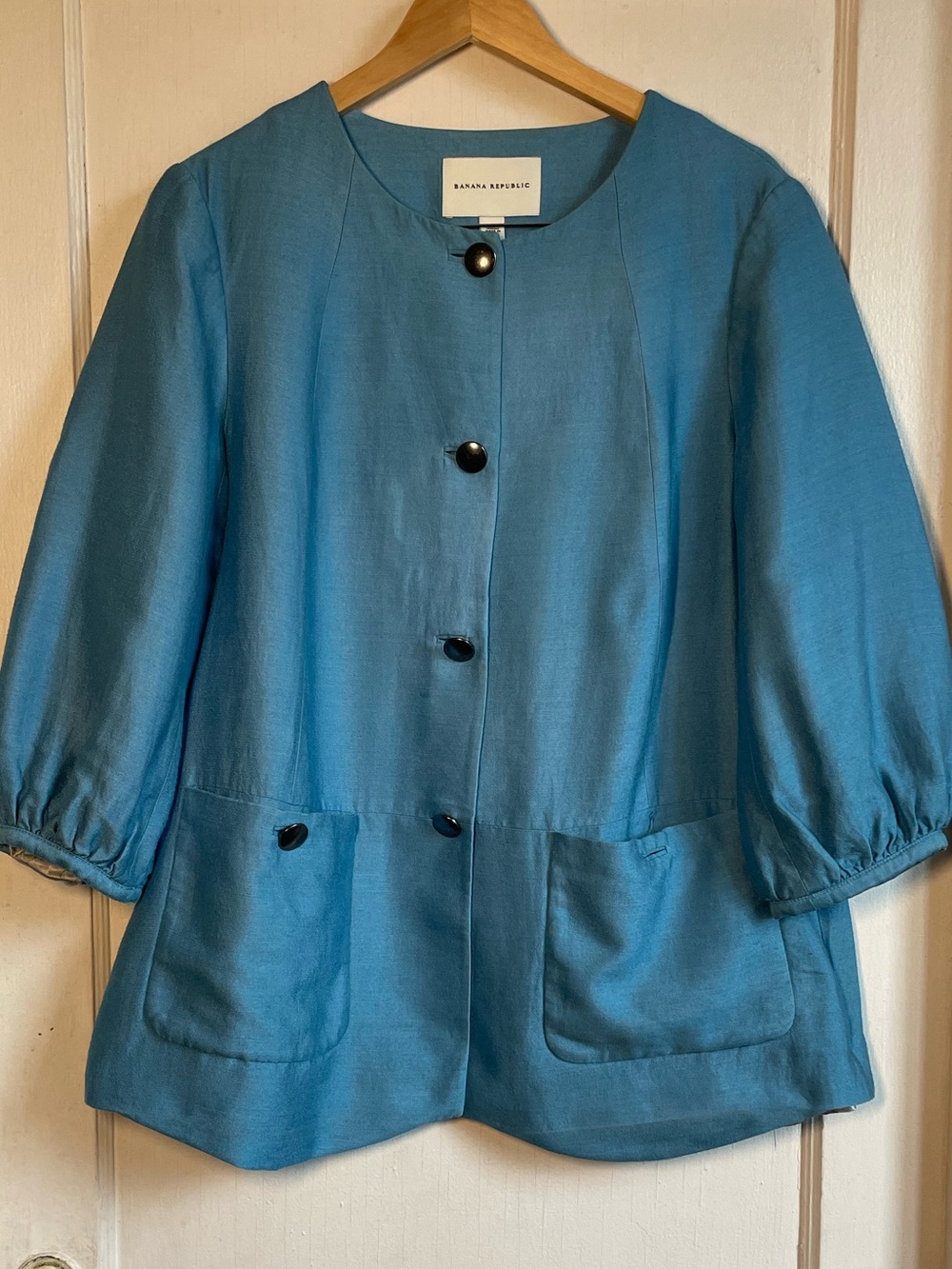 Banana Republic XL Silk Blend Blazer Sky Blue Collarless Puff Sleeve Jacket 2009